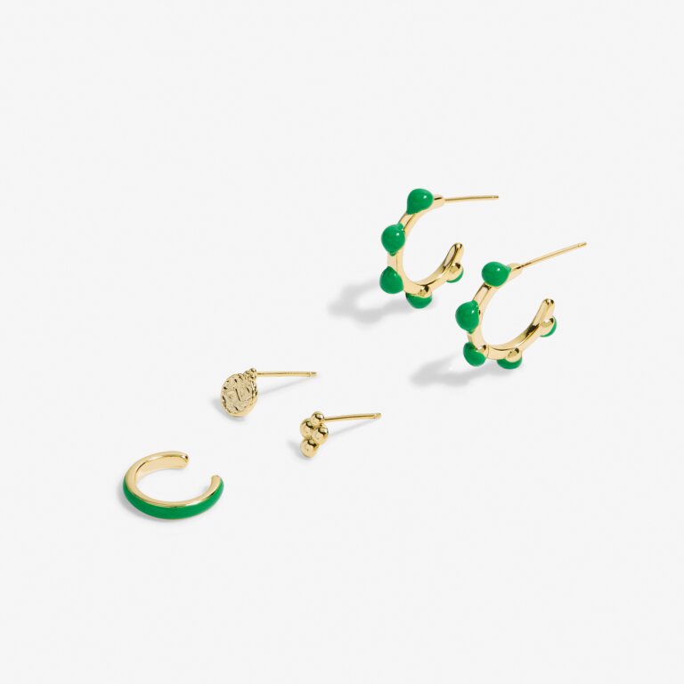 Stacks Of Style Set Of Earrings In Green Enamel And Gold-Tone Plating
